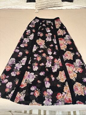 Mink Pink Black Floral A-Line Maxi Skirt - Purple & Peach Rose Print